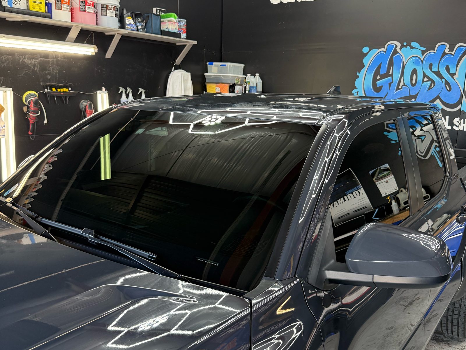 Gray pickup windshield