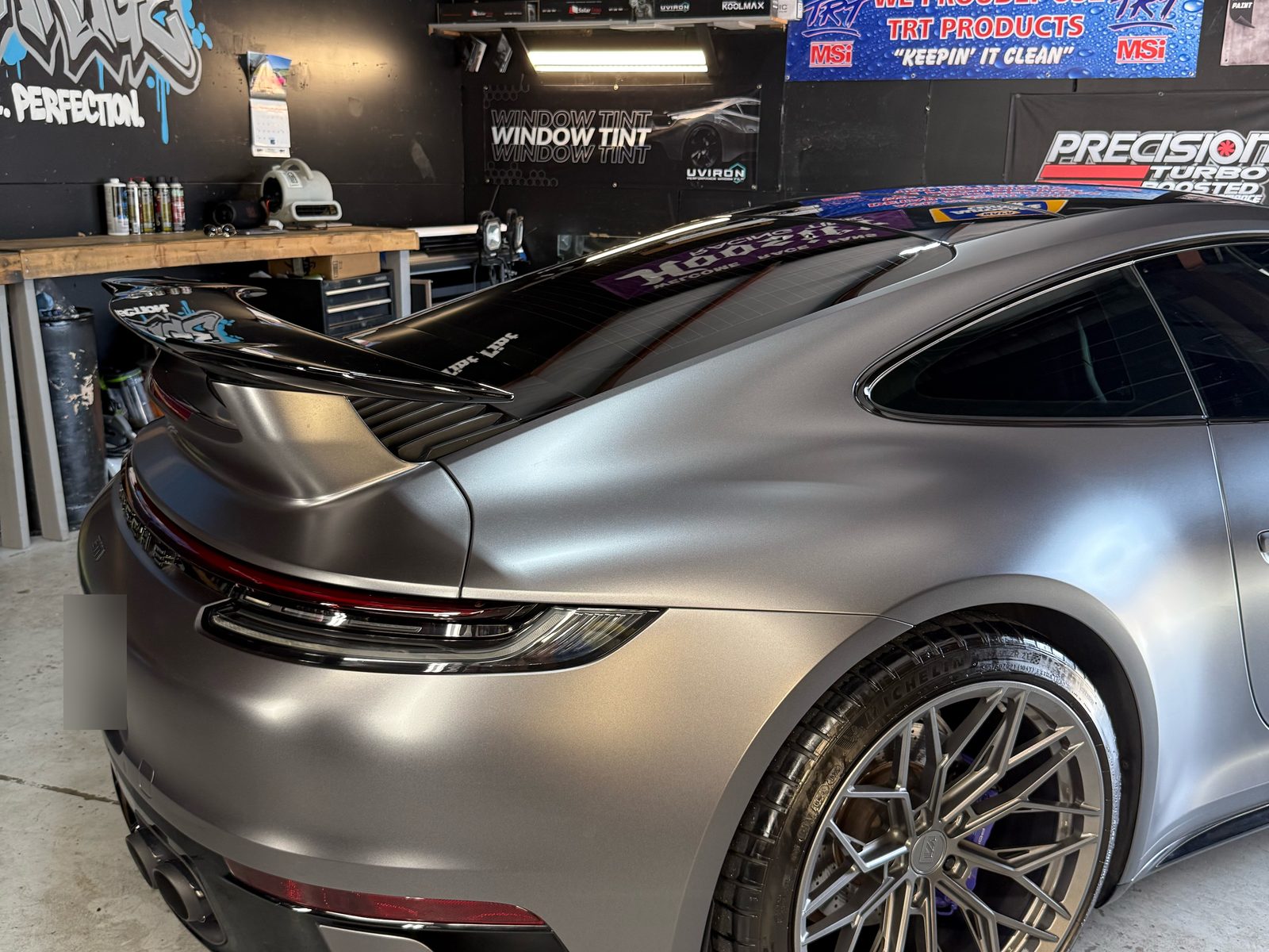 Satin gray 911 rear three-quarter